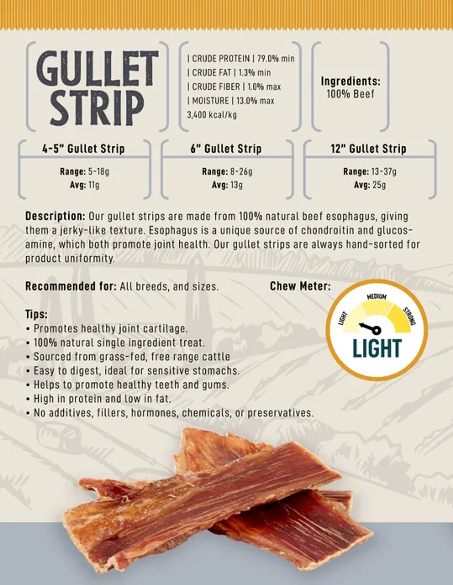 All-Natural Beef Gullet Flats/Strips Dog Treats 6"